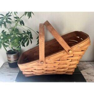 Vintage 1989 Longaberger Wooden Angled Harvest Basket Signed Handles / Farmhouse